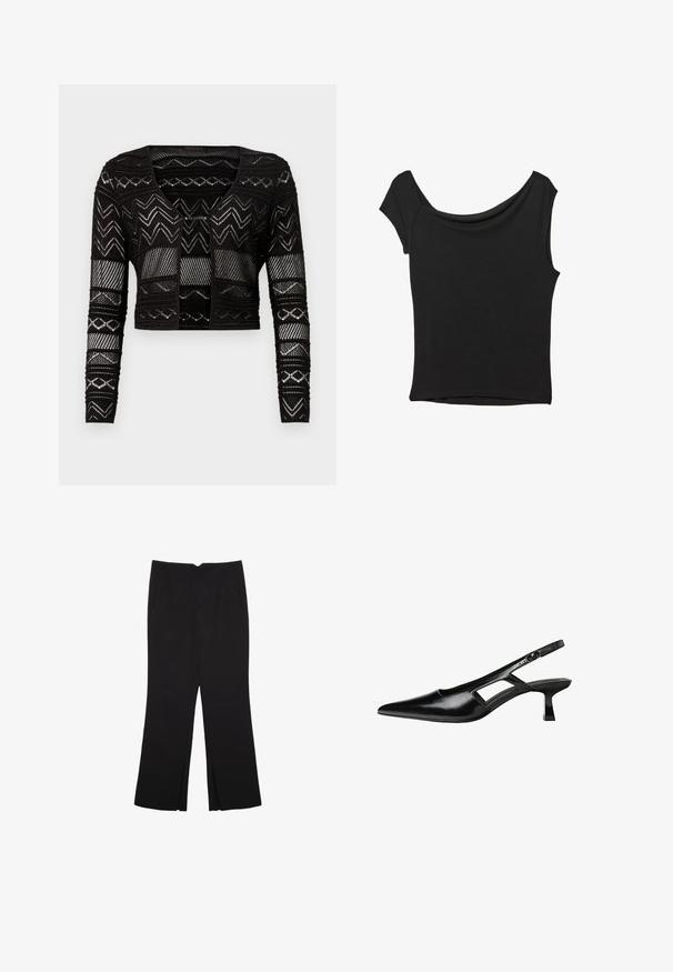 Svart kort kavaj med mesh-design och geometriska mönster, långa ärmar och V-ringning. Tillverkad av ett lätt, texturerat tyg.; Svart kortärmad topp i slät tyg; har en draperad halsringning och asymmetrisk nederkant, med en figursydd kropp.; Svarta byxor med rak passform, utrustade med framfickor och sidoklyvningar vid fållen. Tillverkade av mjukt, slätt tyg. Lämpliga för olika tillfällen.; Svart lackläder slingback-klackar med spetsig tå, utskuren sidor och en liten fyrkantig klack. Slät textur med minimala accenter.