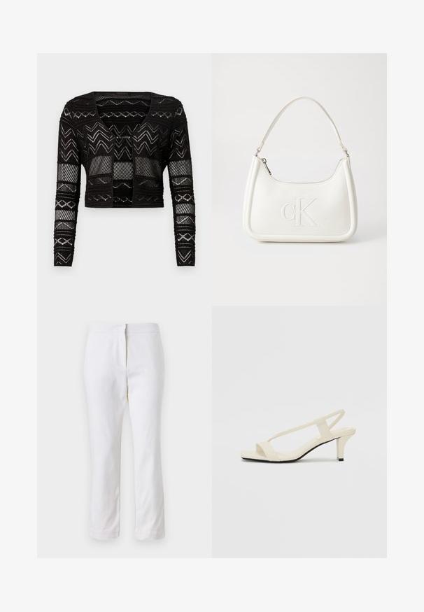 Μαύρο κοντό κα cardigan με σχέδιο διχτυού και γεωμετρικά μοτίβα, μακριά μανίκια και V-λαιμόκοψη. Φτιαγμένο από ελαφρύ, υφαντό ύφασμα.; Λευκό κοντομάνικο μπλουζάκι, φαρδιές κοντές μανίκες, μαλακό βαμβακερό υλικό, στρογγυλή λαιμόκοψη με διακριτική πορτοκαλί λεπτομέρεια, μινιμαλιστικός σχεδιασμός, χωρίς σχέδια ή γραφικά.; Λευκά βαμβακερά παντελόνια με ίσια γραμμή, με μέση στο μέσο ύψος και χωρίς ορατό μεταλλικό εξάρτημα ή σχέδια. Λείος υφασμάτινος χαρακτήρας σε όλη την επιφάνεια.; Μπέζ σανδάλια με τετράγωνη μύτη και λεπτές λουρίδες. Ομαλή ύφανση με ελάχιστες λεπτομέρειες, σχεδιασμένα για εύκολη χρήση.; Λευκή δερμάτινη τσάντα χειρός με καμπυλωτό σχήμα, διαθέτει ανάγλυφο λογότυπο "CK" μπροστά και μία ενιαία λαβή ώμου. Κλείσιμο με φερμουάρ στην κορυφή.