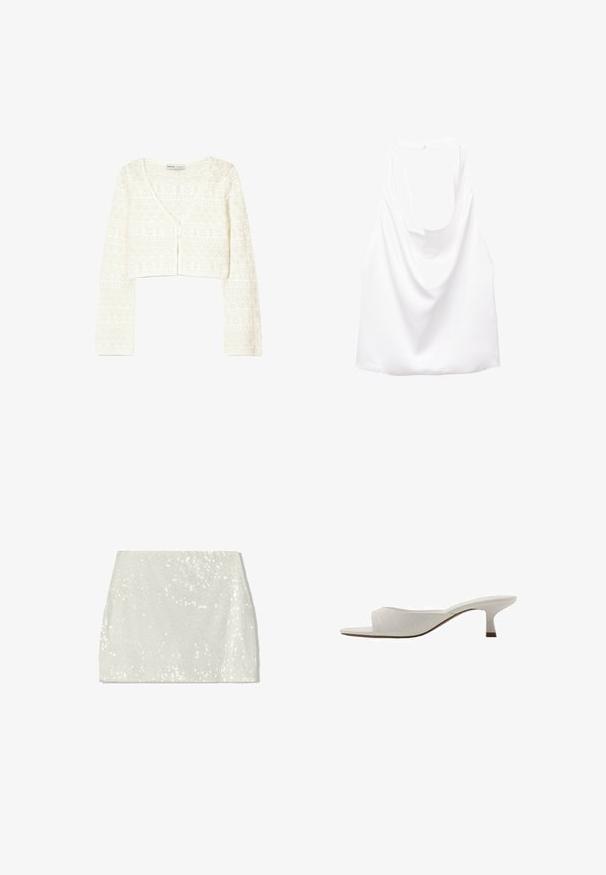 White cropped cardigan featuring a lightweight knit texture with a geometric pattern, v-neckline, and button closure at the front.; White sleeveless top with a draped back, made of smooth fabric. Features a rounded neckline and a loose, relaxed fit.; Bershka A-line skirt - white; White open-toed mules with a curved design, low heel, smooth texture, and a subtle stitched pattern. Brown accent on heel base.