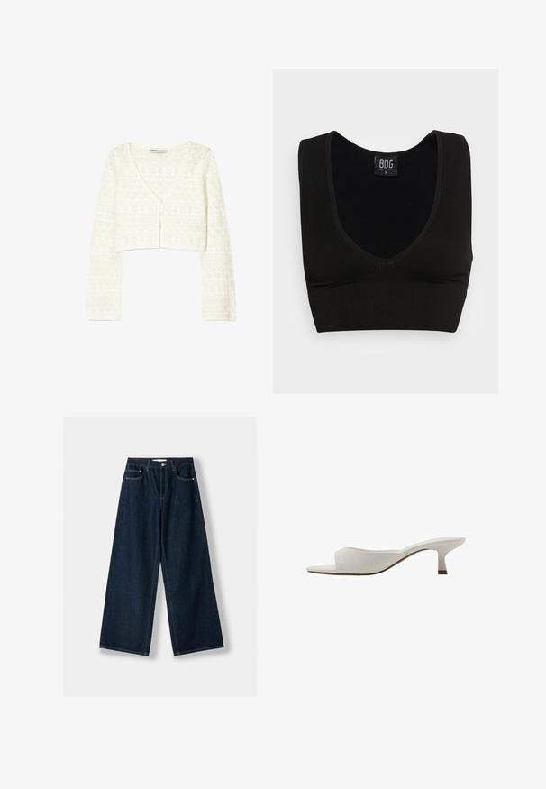 Bílý zkrácený cardigan s lehkým pleteným vzorem a geometrickým vzorem, výstřihem do V a zapínáním na knoflíky vpředu.; Černý žebrovaný crop top s širokými ramínky a hlubokým výstřihem do V. Nálepka uvádí "BDG," velikost malá, s hladkou texturou a přiléhavým střihem.; Tmavě modré široké džíny vyrobené z denimu. Mají pět kapes, zapínání na knoflík a zip a kontrastní šití.; Bílé otevřené muly s prohnutým designem, nízkým podpatkem, hladkým povrchem a jemným prošívaným vzorem. Hnědý akcent na základně podpatku.