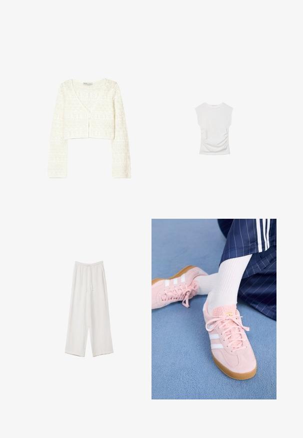 Hvid, kort cardigan med en let strikket tekstur og geometrisk mønster, v-udskæring og knaplukning foran.; Hvid kortærmet top med rund halsudskæring. Har samlet tekstur langs siderne og en tilpasset silhuet, lavet af blødt, strækbart materiale.; Hvide bukser med bred benlængde lavet af et letvægtsstof. Har et elastisk talje med snor og sidelommer. Glat tekstur.; Lyserøde ruskinds sneakers med hvide striber og snørebånd, udstyret med en struktureret tunge og en gummisål, placeret på et blåt tæppe.