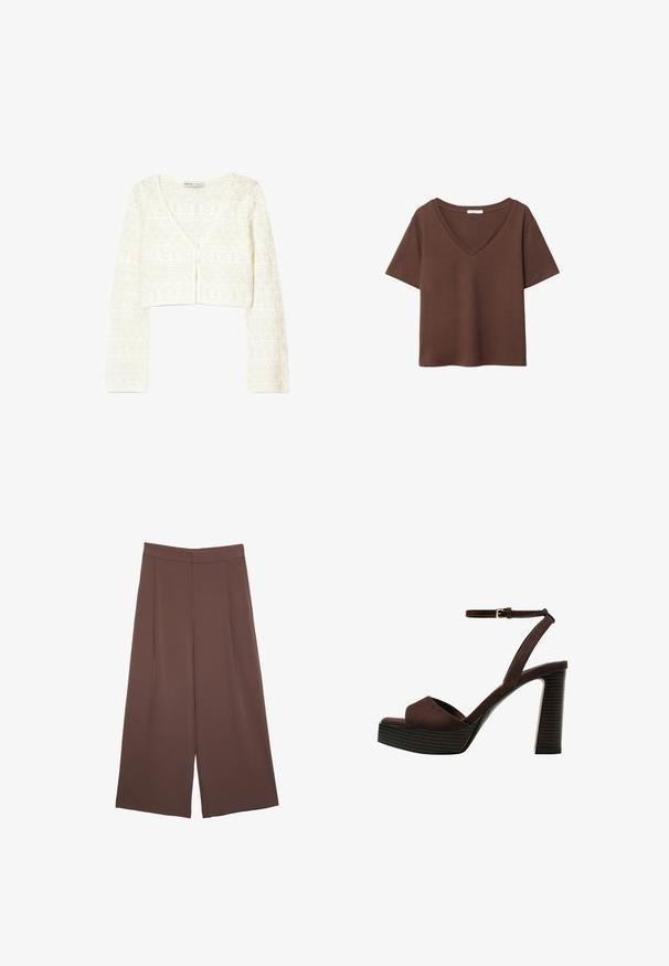 Vit kort cardigan med en lätt stickad textur och geometriskt mönster, v-ringning och knäppning fram.; Brun bomulls t-shirt med korta ärmar och djup V-ringning. Enkel design, mjuk textur och rak fåll. Inga mönster eller dekorationer.; Bruna vida byxor med en slät textur, som har hög midja och framfickor. Tyget är lätt och flödar löst.; Bruna mocka högklackade sandaler med öppen tå, justerbar vristrem och en randig plattformssula.