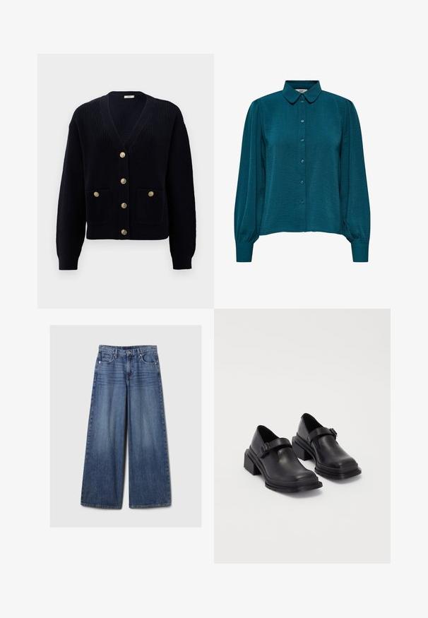 Cardigã canelado azul-marinho com decote em V, apresentando seis botões dourados e dois bolsos frontais. A textura suave e os punhos ajustados completam o design.; Blusa verde-água com decote de colarinho, frente com botões e mangas longas. Feita de tecido texturizado com punhos franzidos.; Calças de ganga azul de perna larga com um acabamento desbotado, apresentando um fecho de botão e zipper, cinco bolsos e passantes para cinto.; Sapatos de couro pretos com um bico redondo, sola plana e uma fita com detalhe de fivela. Salto bloco robusto para maior estabilidade.