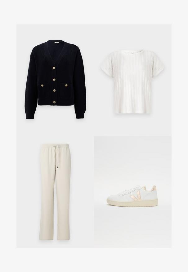 Mornarska rebrasta kardigan s V-izrezom, sadrži šest zlatnih dugmadi i dva prednja džepa. Mekana tekstura i uski rukavi zaokružuju dizajn.; Bijela majica kratkih rukava s uzorkom vertikalnih rebrova i okruglim izrezom. Opusteni kroj. Mekana, lagana tkanina. Bez vidljivog zatvaranja.; Bež hlače s elastičnim strukom i vezicom. Ravan kroj, izrađene od mekog materijala, s minimalnim stilom bez uzoraka ili naglasaka.; Bijele niske tenisice s perforiranim uzorkom, s metalik ružičastim zlatnim detaljima s bočne i stražnje strane. Gumeni potplat.