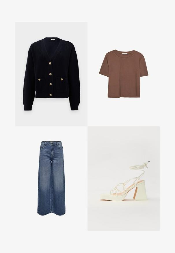 Mornarska rebrasta jopica z V-izrezom, ki ima šest zlatih gumbov in dve sprednji žepki. Mehka tekstura in prilegajoči manšeti dopolnjujeta obliko.; Rjava kratka majica s kratkimi rokavi iz mehkega materiala, s krožnim izrezom in ohlapnim krojem. Brez vidnih vzorcev ali dodatkov.; Široke modre jeans hlače z visokim pasom, klasičnim petim žepom in zbledelim perilom za sproščen fit.; Bela sandala na visokih petah s debelim petam, ki ima obliko trakcev in vezanje okoli gležnja. Gladka tekstura z platformo spredaj za dodatno višino.