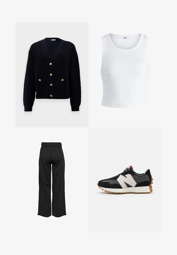 Cardigã canelado azul-marinho com decote em V, apresentando seis botões dourados e dois bolsos frontais. A textura suave e os punhos ajustados completam o design.; Top curto branco com nervuras, apresentando um decote redondo, design sem mangas e um comprimento cropped. Rótulo lê "JJXX." Textura de tecido suave.; Calças largas e pretas com uma cinta elástica, feitas de um tecido suave. Apresentam um design limpo, sem bolsos ou detalhes de costura visíveis.; Sneaker em camurça preta e cinza com um grande logótipo "N" creme, cordões roxos e uma sola de borracha texturizada em cor de goma.