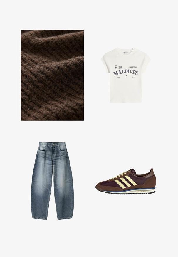 Brown knit fabric with a fuzzy texture, featuring a ribbed pattern. The material appears thick and warm, suitable for winter garments.; White cotton t-shirt with short raglan sleeves. Features "MALDIVES" graphic print in dark gray, along with logos and dates 2008 and 2014.; Wide-leg jeans made of light blue denim with fading, featuring a five-pocket design, button fly, and minimal stitching details.; Brown and burgundy sneaker with suede and mesh materials, featuring three cream stripes, textured fabric on the tongue, and a rubber sole.
