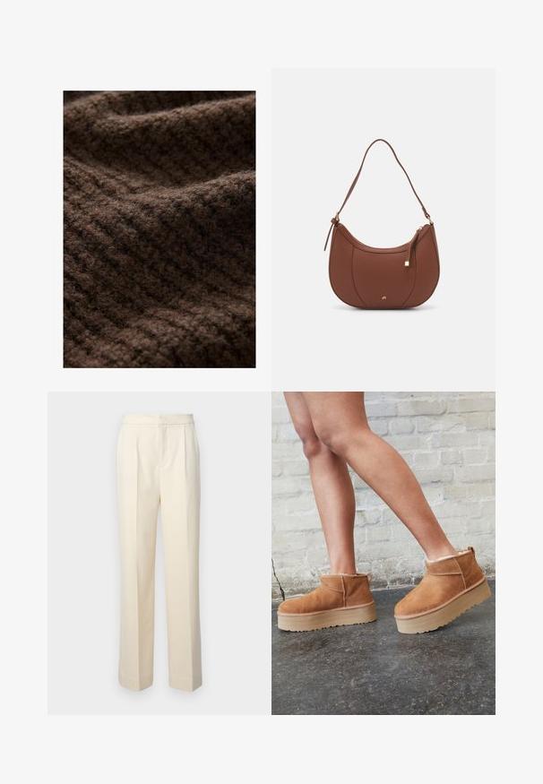 Brauner Strickstoff mit einer flauschigen Textur, der ein geripptes Muster aufweist. Das Material wirkt dick und warm, geeignet für Winterbekleidung.; Ein schlichtes, weißes T-Shirt aus Baumwolle mit rundem Halsausschnitt, kurzen Ärmeln und lockerer Passform. Glatte Textur ohne Muster oder Akzente.; Maßgeschneiderte cremefarbene Hose mit geradem Bein, ausgestattet mit vorderen Falten und einer glatten Oberfläche. Der Bund ist flach und ohne Verzierungen.; Braune Wildleder-Stiefeletten mit einem weichen Futter, dicker beige Plateau-Sohle und einer Zuglasche auf der Rückseite. Strukturiert Oberfläche mit sichtbaren Nähdetails.; Braune Kunstleder-Schultertasche mit geschwungener Form, minimaler Naht und goldfarbener Hardware-Akzent. Verfügt über einen oberen Reißverschluss und einen verstellbaren Trageriemen.