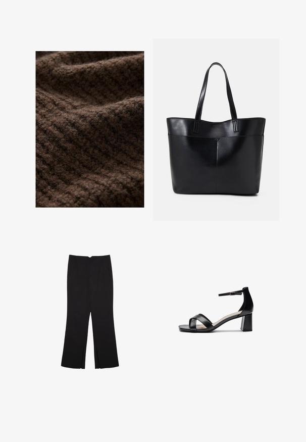 Brun stickad tyg med en fluffig textur, med ett ribbat mönster. Materialet verkar tjockt och varmt, lämpligt för vinterkläder.; Svart ärmlös crop top i mjukt tyg, med rund hals och en ren, enkel design utan mönster eller detaljer.; Svarta byxor med rak passform, utrustade med framfickor och sidoklyvningar vid fållen. Tillverkade av mjukt, slätt tyg. Lämpliga för olika tillfällen.; Svart öppen tå klacksandaler med korsade remmar, justerbart vristband och en kraftig klack, med en slät lädertextur.; Svart läder tote-väska med två långa handtag, en slät yta och en strukturerad form. Har en framficka för extra förvaring.