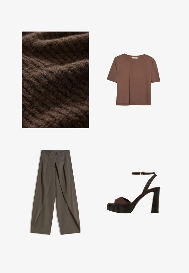 Brown knit fabric with a fuzzy texture, featuring a ribbed pattern. The material appears thick and warm, suitable for winter garments.; Brown short-sleeve t-shirt made of soft fabric, with a round neckline and relaxed fit. No visible patterns or accents.; Wide-leg trousers made of a textured, dark gray fabric. Features a front pleat, button closure, and side pockets for practicality.; Brown suede high-heeled sandal with an open toe, adjustable ankle strap, and a striped platform sole.
