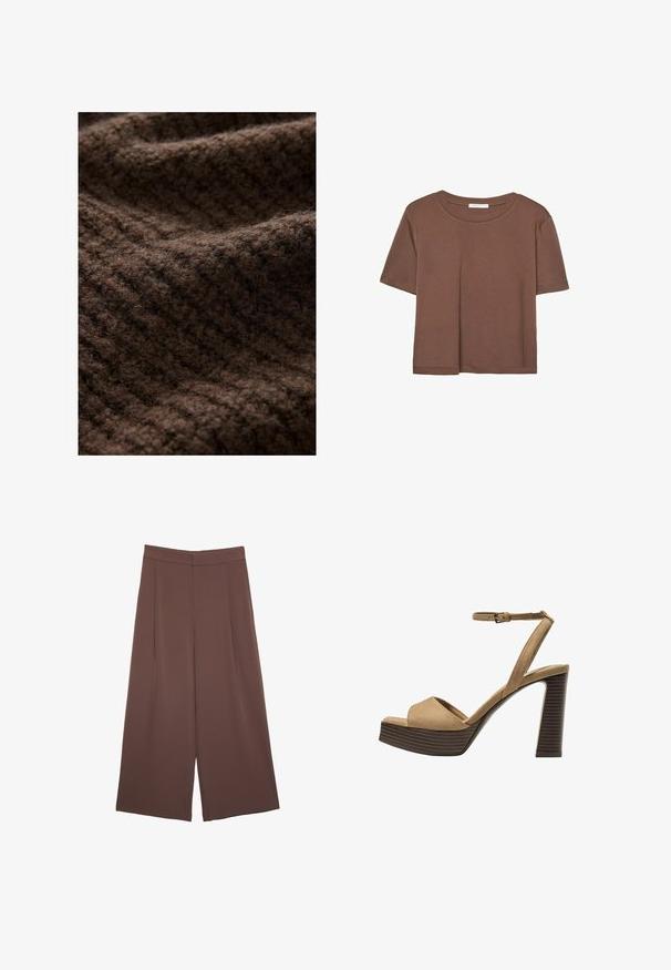 Brauner Strickstoff mit einer flauschigen Textur, der ein geripptes Muster aufweist. Das Material wirkt dick und warm, geeignet für Winterbekleidung.; Braunes, kurzärmliges T-Shirt aus weichem Material mit rundem Halsausschnitt und lockerer Passform. Keine sichtbaren Muster oder Akzente.; Braune Weite-Leg-Hosen mit einer glatten Textur, hoher Taille und Vorderfalten. Der Stoff ist leicht und fällt locker.; Beige Wildleder-Pumps mit hohem Absatz, breitem Vorderband und Knöchelriemen, ausgestattet mit einem klobigen Holzblockabsatz mit strukturiertem Finish.