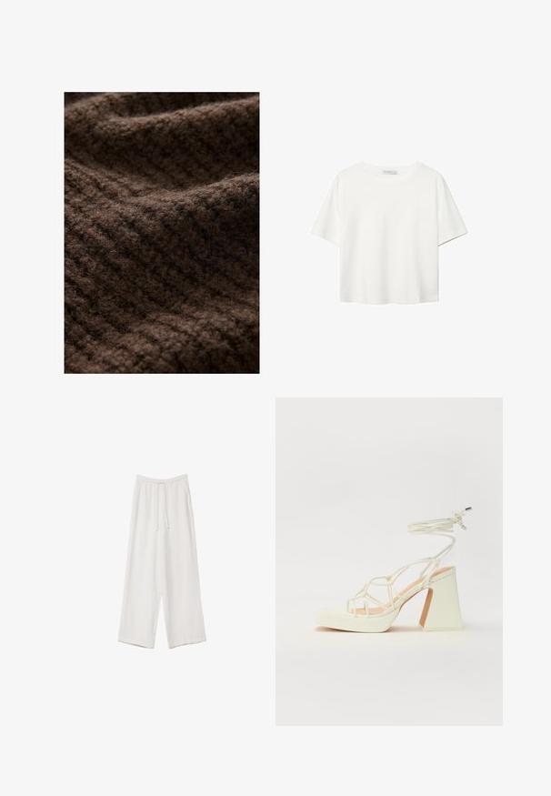 Brązowa dzianina o puszystej fakturze, z prążkowanym wzorem. Materiał wydaje się gruby i ciepły, idealny na zimowe ubrania.; Biała koszulka z krótkim rękawem, wykonana z bawełny. Posiada okrągły dekolt i luźny krój. Gładka faktura bez widocznych wzorów czy akcentów.; Białe spodnie o szerokich nogawkach wykonane z lekkiego materiału. Posiadają elastyczny pas z sznurkiem i boczne kieszenie. Gładka tekstura.; Biała sandał na wysokim obcasie z masywnym słupkiem, z paskowym wzorem i wiązaniem przy kostce. Gładka faktura z platformą z przodu dla dodatkowej wysokości.