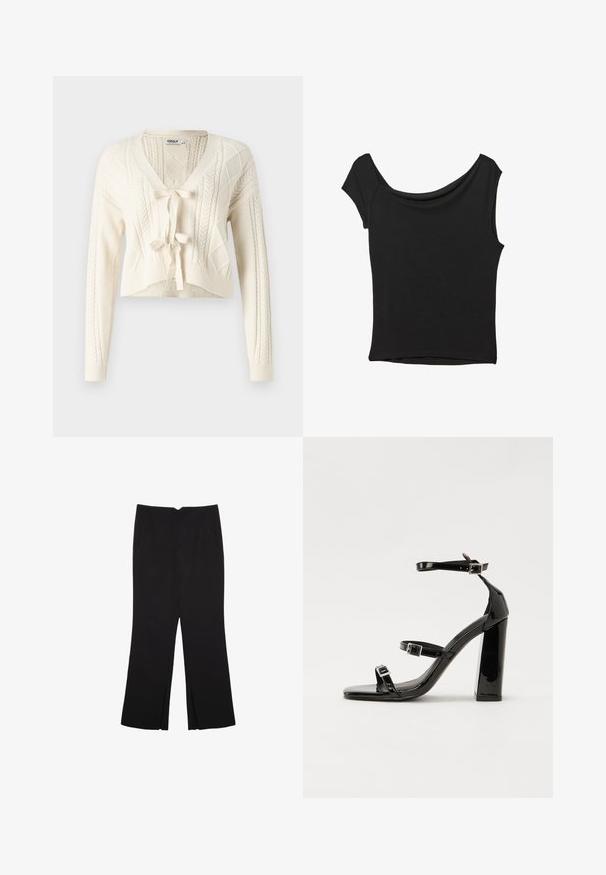 Cardigan court en tricot couleur écru, avec un col en V, des motifs en câble et une fermeture à nouer à l'avant. Texture douce avec des manches longues.; Haut noir à manches courtes en tissu lisse ; il présente un col drapé et un ourlet asymétrique, avec un corps ajusté.; Pantalon noir avec une coupe droite, doté de poches avant et d'éclairs sur l'ourlet. Fabriqué en tissu doux et lisse. Convient à diverses occasions.; Sandales à talons vernies noires avec un bout carré, des sangles autour de la cheville et des boucles en argent. Dotées d'un talon bloc épais pour plus de stabilité.