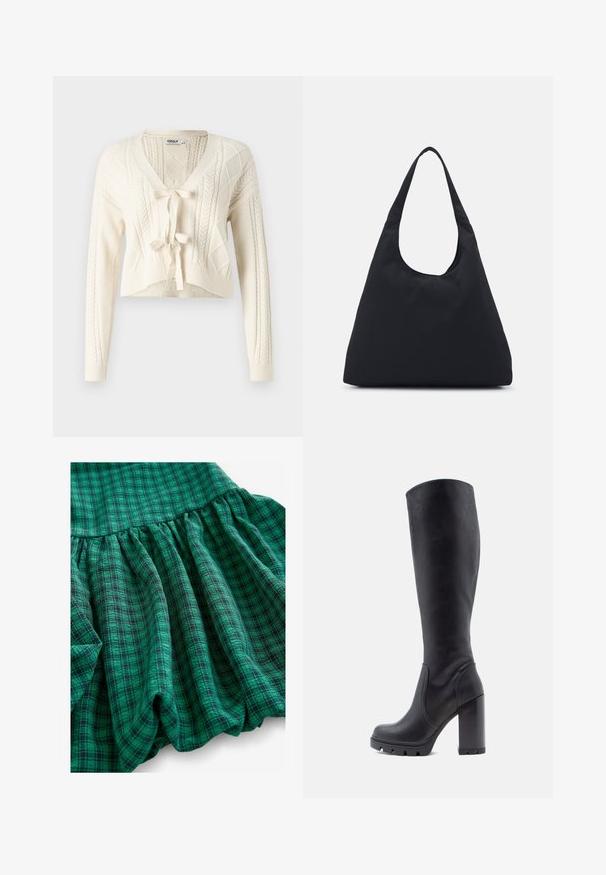 Cárdigan corto de punto en color blanco roto, con escote en V, patrones de trenzas y cierre delantero con lazo. Textura suave con mangas largas.; New Look Blusa - black; El tejido de cuadros verdes presenta diferentes tonalidades, una textura fruncida y un dobladillo con volantes. El material parece transpirable y liviano.; Bota negra hasta la rodilla, material de cuero liso, tacón grueso, punta redondeada, suela texturizada con agarre, diseño elegante sin adornos.; Bolsa de tela negra con una sola correa ancha para el hombro. Forma suave y semiestructurada con textura lisa; diseño minimalista, sin herrajes visibles.