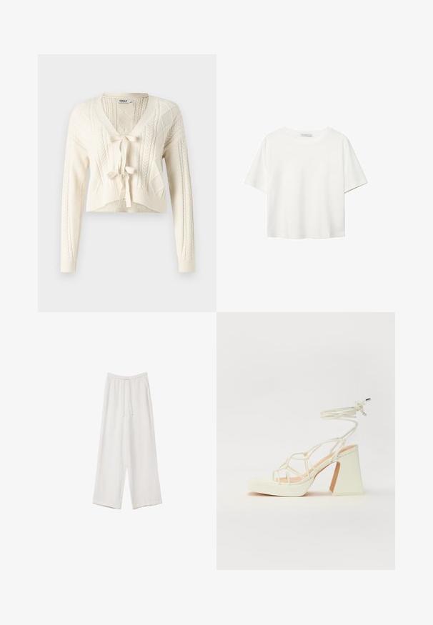 Stickad kort cardigan i off-white, med V-hals, kabelmönster och framknutning. Mjuk textur med långa ärmar.; Vit t-shirt med kort ärm i bomull. Har en rundad halsringning och en avslappnad passform. Slät textur utan synliga mönster eller detaljer.; Vita vida byxor i vid passform gjorda av ett lättviktsmaterial. Har en elastisk midja med dragsko och sidofickor. Slät textur.; Vit högklackad sandal med en kraftig klack, med ett remdesign och ankelband. Slät textur med en plattform framtill för ökad höjd.