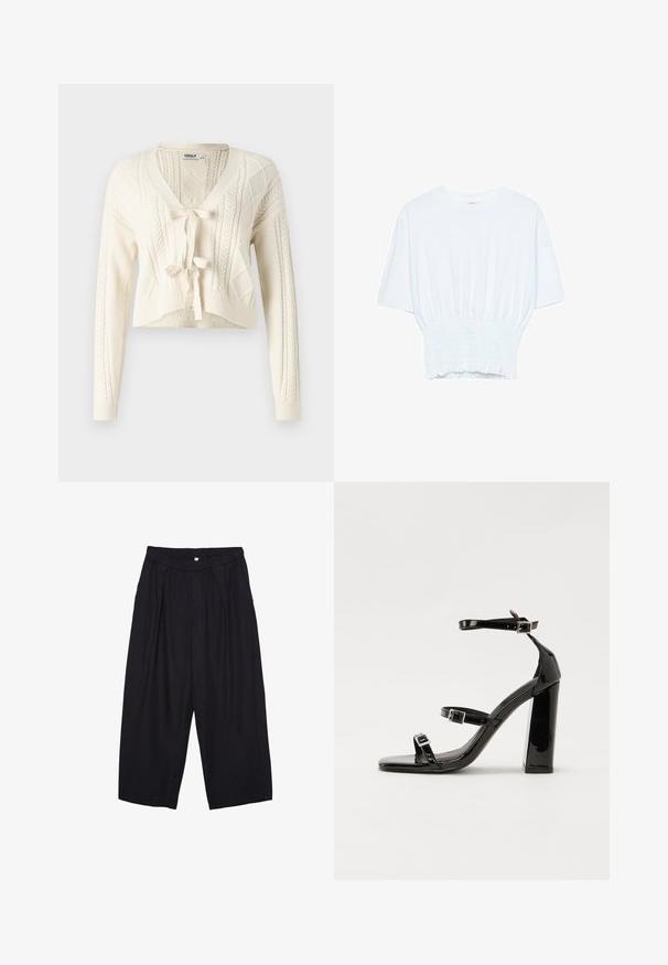 Gehaakte cropped cardigan in gebroken wit, met een V-hals, kabelpatronen en een sluiting met een strik aan de voorkant. Zachte textuur met lange mouwen.; Witte T-shirt met korte mouwen in een relaxte pasvorm en gerimpelde textuur bij de taille. Gemaakt van zachte, lichtgewicht stof.; Zwarte polyester culottes met een elastische tailleband, twee voorkreukels en een losse pasvorm. Geen zichtbare patronen of hardware-details.; Zwarte gepatenteerde sandalen met hak en een vierkante neus, enkelbandjes en zilveren gespen. Heeft een stevige blokhak voor stabiliteit.
