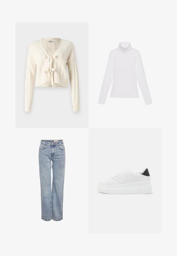 Pletený krátky kardigan v off-white farbe, s výstrihom do V, vzorom z copánkov a predným viazaním. Mäkka textúra s dlhými rukávmi.; Biely dlhý rukáv v štýle roláka vyrobený z hladkej, elastickej tkaniny. Má vysoký golier a priliehavý strih, bez viditeľných vzorov alebo ozdôb.; Svetlomodré široké džínsy vyrobené z denimu, s vysokým pásom, päťvreckovým dizajnom a jemným vyblednutím pre opotrebovaný vzhľad.; Biele platformové tenisky vyrobené z hladkého syntetického materiálu, so zaoblenou špičkou, šnurovacím dizajnom a textúrovanou gumovou podrážkou. Čierny akcent na päte.