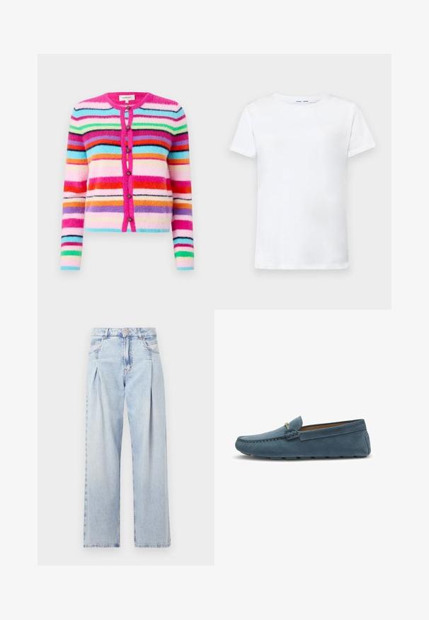 Fuzzy cardigan med multicolor horisontale striber i pink, blå, grøn og orange. Har en rund halsudskæring og dekorative knapper.; Hvid kortærmet t-shirt lavet af bomuld med rund hals. Glat tekstur og lige snit, ingen mønstre eller detaljer.; Lyseblå denim jeans med høj talje, bred benåbning, to sidelommer og plisseret design. Blød tekstur med et falmet finish.; Blå ruskinds loafers med flad sål, der har en syet design langs kanterne og en dekorativ metalaccent foran.