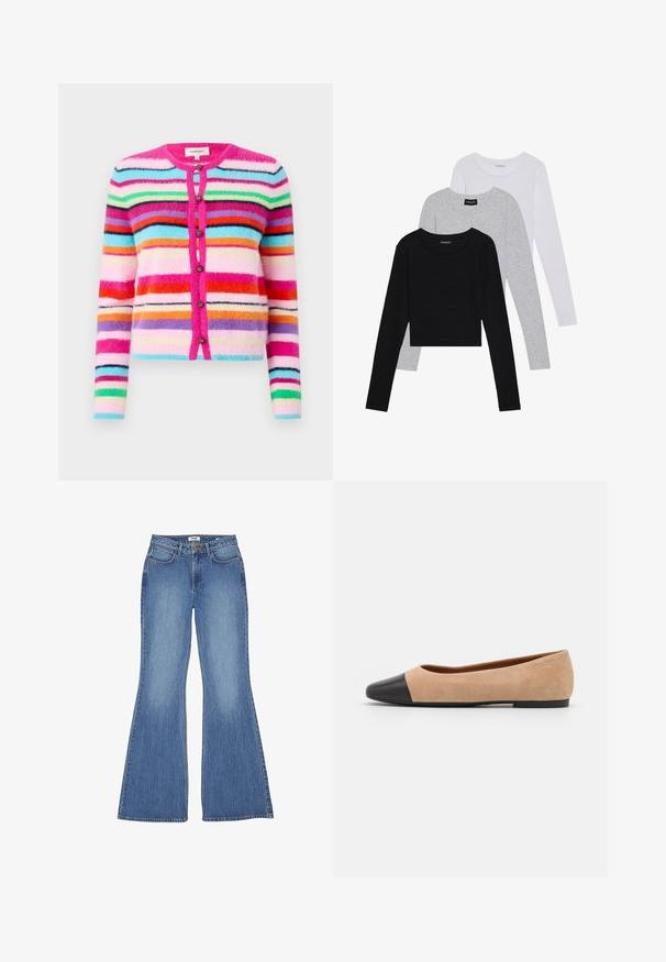 Fuzzy cardigan met meerkleurige horizontale strepen in roze, blauw, groen en oranje. Heeft een ronde halslijn en decoratieve knopen.; Drie langmouwige tops gestapeld: zwart, grijs en wit. Elke top heeft een ronde halslijn en een cropped ontwerp van soepel, lichtgewicht materiaal.; Uitlopende blauwe denim jeans met een hoge taille, vijf zakken en contrasterende stiksels; gladde textuur en klassieke kleur.; Beige suède ballet flats met een zwarte leren ronde neuskap, lage hak en een gladde textuur, met minimale stiksels en een schone uitstraling.