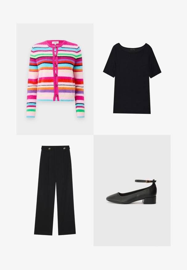 Fuzzy cardigan met meerkleurige horizontale strepen in roze, blauw, groen en oranje. Heeft een ronde halslijn en decoratieve knopen.; Zwarte T-shirt met korte mouwen en een brede halslijn. Gemaakt van zachte, lichte stof. Eenvoudig ontwerp zonder patronen of accenten.; Zwarte wijde broek met hoge taille, knoopdetails op de tailleband en plooien aan de voorkant.; Zwarte leren pump met een spitse neus en een lage blokhak. Beschikt over een enkelband met een goudkleurige gespsluiting. Gladde textuur.