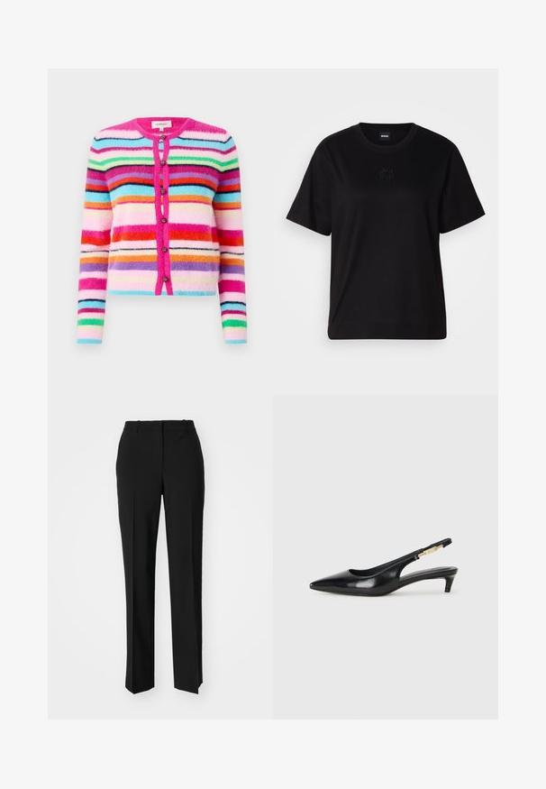 Chlupatý kardigan s pestrými horizontálními pruhy v růžové, modré, zelené a oranžové barvě. Obsahuje kulatý výstřih a dekorativní knoflíky.; Černé bavlněné tričko s kulatým výstřihem, krátkými rukávy a vyšitým logem na hrudi. Jednoduchý, volný střih bez vzorů.; Černé kalhoty na míru se střihem do rovna, které mají hladkou texturu a ostré sklady na přední straně. Bez viditelného kování.; Černé kožené boty na podpatku s otevřenou patou a špičatou špičkou, s tenkým podpatkem a zlatým akcentem na nastavitelném pásku. Hladký povrch.