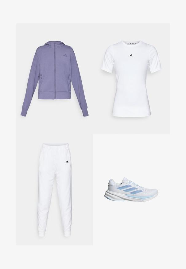 Lila Zip-Up-Hoodie aus weichem Material. Verfügt über eine Kapuze, zwei Seitentaschen und gerippte Bündchen mit einem geprägten Logo auf der Brust.; Weißes Sportshirt mit kurzen Ärmeln, aus glattem, dehnbarem Stoff. Mit kleinem schwarzem Adidas-Logo auf der Brust.; Weiße Sporthose mit elastischem Bund und Bündchen. Verfügt über Seitentaschen und ein kleines schwarzes Logo am linken Oberschenkel. Glatter Stofffinish.; Weiße Laufschuhe mit hellblauen Akzenten, atmungsaktives Mesh-Obermaterial, Drei-Streifen-Design, gepolsterte Sohle und strukturierte Traktionslaufsohle.