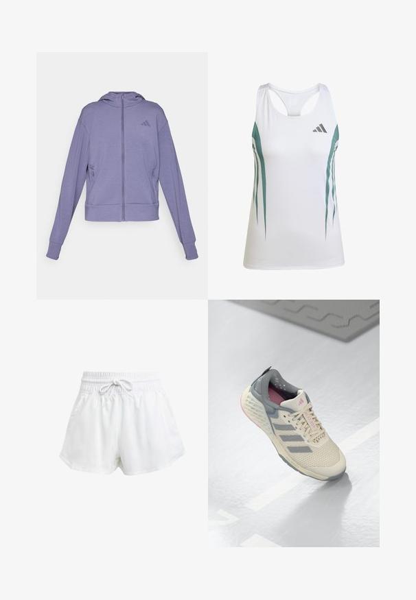 Felpa con zip viola realizzata in tessuto morbido. Presenta un cappuccio, due tasche laterali e polsini a costine con un logo in rilievo sul petto.; Canotta atletica bianca con dettagli turchesi e un motivo geometrico. Presenta un design a schiena scoperta e un tessuto leggero e testurizzato.; Pantaloni sportivi bianchi con cintura elastica e cordino regolabile. Realizzati in materiale leggero, presentano tasche laterali e una vestibilità ampia.; Scarpa da ginnastica beige con accenti grigi, tomaia in rete e suola testurizzata. Presenta tre strisce grigie e dettagli interni rosa.