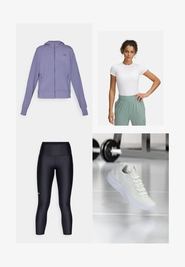 Fialová zipová mikina vyrobená z měkké tkaniny. Obsahuje kapuci, dvě boční kapsy a žebrované manžety s embosovaným logem na hrudi.; Bílá přiléhavá trička s krátkým rukávem, spárované se světlými zelenými kalhotami s elastickým pasem. Hladká textura, minimalistický design a žádné viditelné vzory.; Černé legíny vyrobené z hladkého, elastického materiálu. Vysoký pas s těsným střihem a malým logem na levé noze.; Bílé atletické tenisky s texturovaným síťovým svrškem a systémem šněrování, s polstrovanou bílou podrážkou a jemnými žebrovanými detaily.