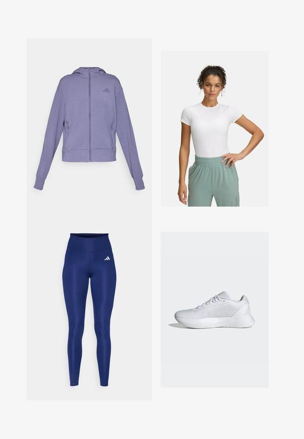 Purple zip-up hoodie made of soft fabric. Features a hood, two side pockets, and ribbed cuffs with an embossed logo on the chest.; White fitted t-shirt with short sleeves, paired with light green elastic waistband pants. Smooth texture, minimalist design, and no visible patterns.; Navy blue leggings made of stretchy material with a high waistband. Features a white Adidas logo on the front left thigh.; adidas Performance DURAMO SL W - Road running shoes - cloud white/cloud white/grey five