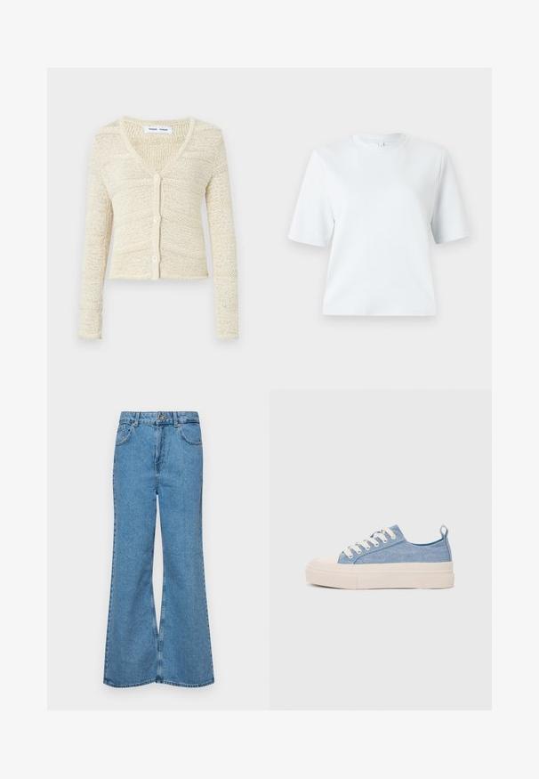 Cardigã de malha em bege com decote em V, mangas longas e fecho de cinco botões. Apresenta um padrão texturizado e um design cropped.; T-shirt azul claro de mangas curtas, feita de algodão macio. Apresenta um decote redondo clássico e um corte descontraído, sem padrões ou detalhes.; Jeans de brim azuis claros, com corte à boca de sino, apresentando uma cintura alta, cinco bolsos e um fecho de botão único. Textura macia com acabamento desbotado.; Ténis de lona azul claro com uma biqueira e sola de borracha creme, apresentando atacadores brancos e uma alça na parte de trás.
