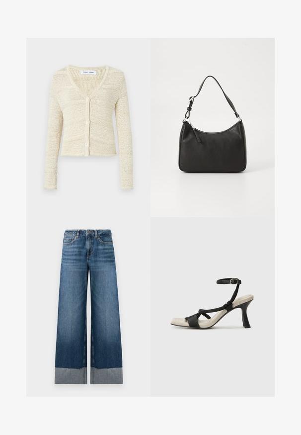Knit cardigan in beige with a V-neck, long sleeves, and five-button closure. Features a textured pattern and cropped design.; Black short-sleeve t-shirt made of soft fabric, featuring a crew neck and gathered detailing on the left side for subtle texture.; Wide-leg blue jeans with a gradient from darker to lighter denim, featuring a raw hem and subtle stitching details. Classic five-pocket design.; Black heeled sandal with braided strap design, square toe, and adjustable ankle strap. Light beige footbed with a glossy black heel.; Black leather handbag with a curved shape, a single strap, zip closure, and subtle branding on the front. Smooth texture, minimalist design.