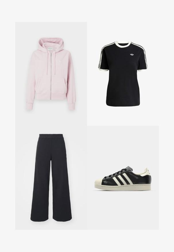 Light pink zip-up hoodie with front pockets, drawstring hood, and long sleeves, displayed on a white background.; Black cotton t-shirt with white accents on the collar and sleeves, featuring three white stripes on each shoulder and a small logo on the chest.; Black wide-leg sweatpants made from soft fabric, featuring an elastic waistband and a small logo on the left side.; Black leather sneaker with white stripes, rubber toe cap, black laces, and a cream-colored outsole. Smooth texture with shiny finish.