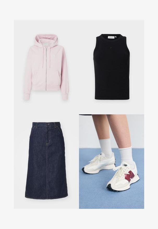 Himmelblaues Zip-Hoodie mit Fronttaschen, Zugbandkapuze und langen Ärmeln, auf einem weißen Hintergrund präsentiert.; Schwarzes, ärmelloses Tanktop aus geripptem Stoff, mit rundem Halsausschnitt und kleinem Logo auf der Vorderseite. Einfaches, figurschmeichelndes Design.; Dunkelblaue Jeansrock mit hoher Taille, geradem Schnitt, aufgesetzten Taschen und genähten Nähten. Mit einem Reißverschluss und einem Knopfverschluss an der Taille.; Ein Paar weiße Sneakers mit kastanienbraunen Akzenten, strukturierten Paneelen, flacher schwarzer Außensohle und hellen Schnürsenkeln, getragen mit weißen Knöchelsocken.