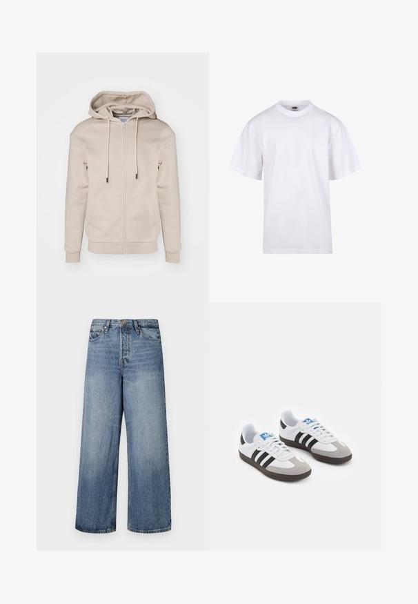 Beige Kapuzenjacke mit Reißverschluss aus weichem Stoff, mit einer verstellbaren Kapuze, Fronttaschen sowie Rippstrickbündchen und -saum. Sanfte Textur und minimalistisches Design.; Weißes Baumwoll-T-Shirt mit Rundhalsausschnitt, kurzen Ärmeln und lockerer Passform. Hat ein schlichtes Design ohne Muster oder Akzente.; Weite blaue Denim-Jeans mit einer ausgewaschenen Optik, Fünf-Taschen-Design und einer Knopfverschluss. Ausgestattet mit Gürtelschlaufen und gestickten Details.; Sportschuhe mit einem Obermaterial aus weißem Leder, grauer Wildleder-Zehenkappe und drei schwarzen Streifen. Sie verfügen über ein blaues Logo auf der Zunge und eine strukturierte Gummisohle.