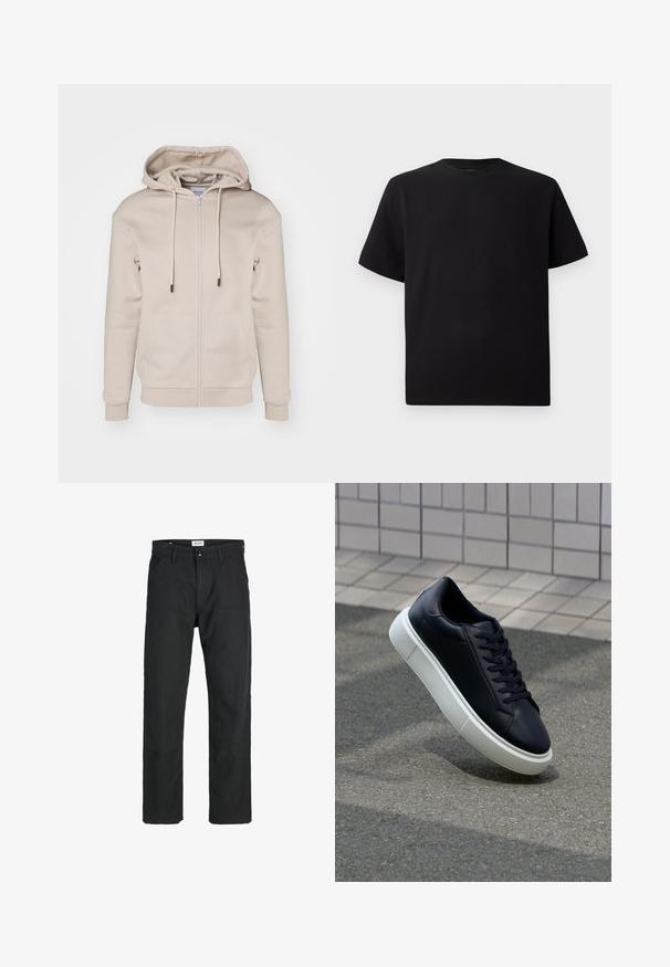 Felpa beige con zip realizzata in morbido tessuto, dotata di cappuccio con coulisse, tasche frontali e polsini e fondo a costine. Texture liscia e design minimal.; T-shirt corto nero a maniche corte realizzato in tessuto testurizzato, con scollatura rotonda e vestibilità comoda. Semplice, senza motivi o dettagli.; Pantaloni neri realizzati in tessuto resistente, caratterizzati da un design a gamba dritta, dettagli cuciti e due tasche frontali per la funzionalità.; Sneaker in pelle nera con punta arrotondata e suola in gomma bianca. Presenta lacci piatti e cuciture minime sulla parte superiore. Suola testurizzata per una migliore aderenza.