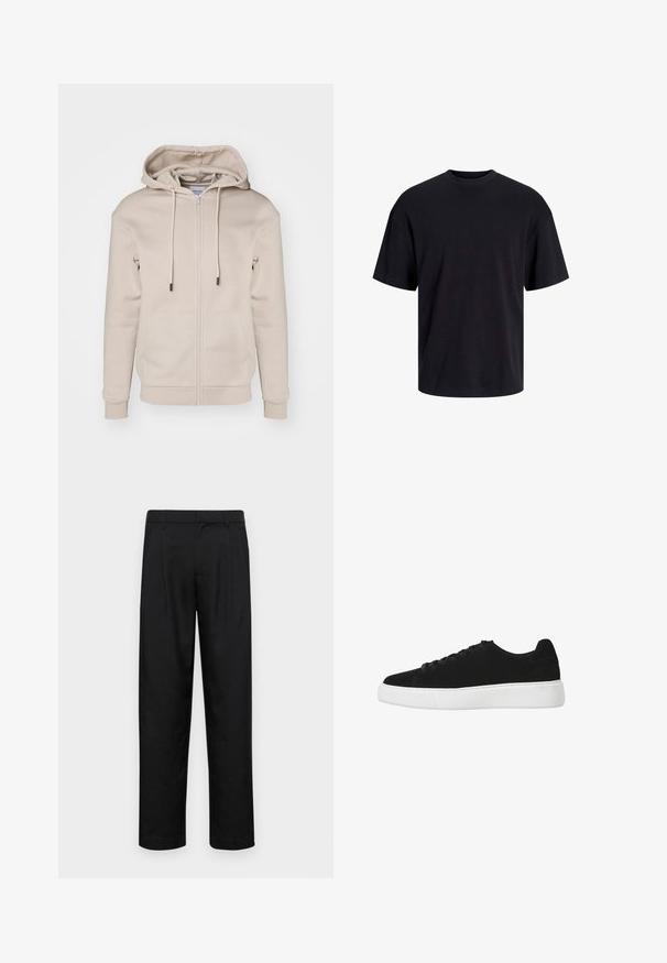 Bežs adīts kapuces džemperis ar rāvējslēdzēju, izgatavots no mīksta auduma, ar aukliņu kapuci, priekšējām kabatām un ribotām aprocēm un apakšmalu. Gluda tekstūra un minimālistisks dizains.; Melns kokvilnas T-krekls ar apaļu kakla izgriezumu, īsām piedurknēm un brīvu piegriezumu. Gluda tekstūra un nav redzamu rakstu vai akcentu.; Melnas bikses, izgatavotas no gludas auduma, ar taisnu kāju dizainu, divām priekšējām krokām un standarta jostu, kurai ir āķi.; Melnas zamšādas sporta kurpes ar noapaļotu purngalu, saistāmām auklām un baltu gumijas zoli. Vienkāršs dizains ar minimālām akcentiem un gludu tekstūru.