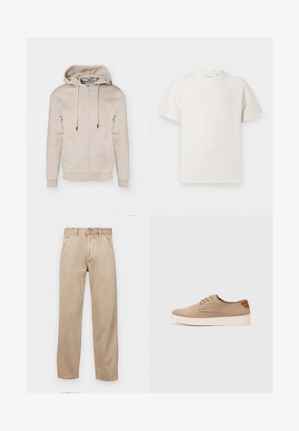 Beige zip-up hoodie lavet af blødt stof med hætte der kan justeres, frontlommer og ribbede manchetter og kant. Glat tekstur og minimalistisk design.; Hvid kortærmet T-shirt i ribbet tekstur. Rund halsudskæring, løs pasform, ingen synlige mønstre eller accenter. Enkel og alsidig design.; Beige denimjeans med lige bendesign, med forlommer, metalknaplukning og subtil struktur.; Beige ruskinds sneakers med rund tå, snørebånd foran og en struktureret rygdetalje. Hvid gummisål giver kontrast. Enkel og moderne design.