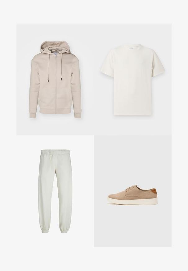 Haut à capuche beige zippé en tissu doux avec capuche à cordon, poches avant et poignets et ourlet côtelés. Texture lisse et design minimaliste.; T-shirt blanc à manches courtes en texture côtelée. Encolure ronde, coupe décontractée, sans motifs ni accents visibles. Design simple et polyvalent.; Pantalons de survêtement blancs en tissu doux, avec une taille et des poignets élastiques, présentant une texture lisse et un design ample.; Baskets en daim beige avec un embout arrondi, un laçage sur le devant et un accent texturé à l'arrière. La semelle en caoutchouc blanche offre un contraste. Design simple et moderne.