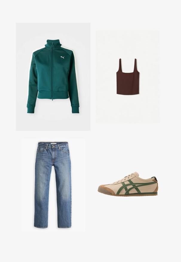 Veste de jogging zippée teal avec des rayures blanches sur les côtés, col montant et poignets côtelés. Présente un petit logo blanc sur la poitrine gauche.; Débardeur marron à encolure carrée avec de larges bretelles, fabriqué dans un matériau doux. Design simple, sans motifs ni embellissements.; Jeans en denim bleu clair, coupe droite, taille mi-haute, cinq poches, coutures ton sur ton et fermeture à bouton.; Baskets en cuir beige avec des accents verts, présentant un bout rond, une semelle plate et des détails en suède sur le capuchon et le talon.