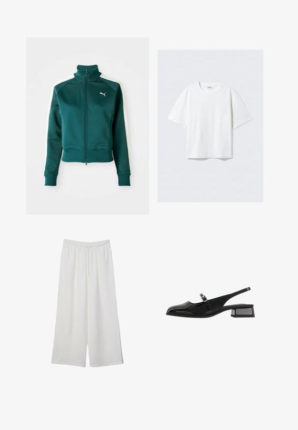 Tyrkysová prešívaná tréningová bunda so zipsom, s bielymi bočnými pruhmi, vysokým golierom a rebrovanými manžetami. Obsahuje malé biele logo na ľavej strane hrude.; Biele tričko s krátkym rukávom z jemnej bavlnenej tkaniny, s okrúhlym výstrihom a uvoľneným strihom so rovnými okrajmi, jednoduché bez vzorov alebo grafiky.; Biele široké nohavice z ľahkého materiálu s elastickým pásom a šnúrkou na nastavenie veľkosti. Hladká textúra.; Bershka BLOCK BUCKLED - MARY JANES 11626560 - Klasické lodičky na opätku - black