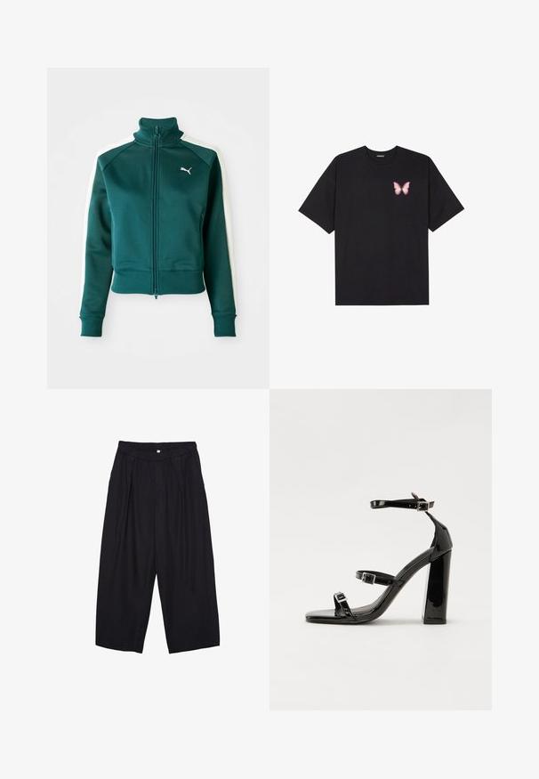 Tyrkysová prešívaná tréningová bunda so zipsom, s bielymi bočnými pruhmi, vysokým golierom a rebrovanými manžetami. Obsahuje malé biele logo na ľavej strane hrude.; Čierne bavlnené tričko s krátkymi rukávmi, s malým ružovým motýlikom na ľavej hrudi. Design s okrúhlym výstrihom a uvoľneným strihom.; Čierne polyesterové culotte nohavice s elastickým pásom, dvoma prednými záhybmi a voľným strihom. Žiadne viditeľné vzory ani detaily z kovu.; Čierne lakované sandále na podpätku so štvorcovou špičkou, navlečenými remienkami okolo členku a striebornými prackami. Disponujú masívnym blokovým podpätkom pre stabilitu.