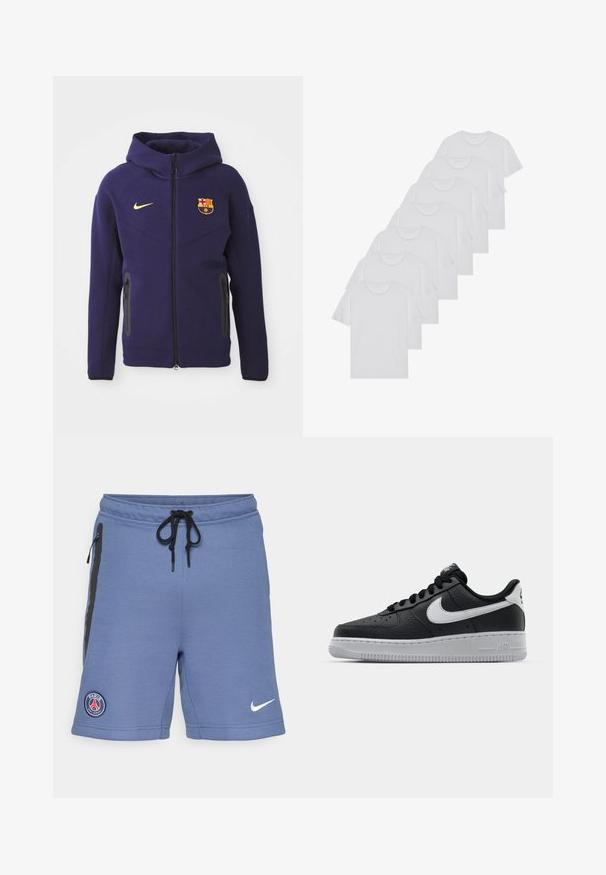 Hanorac violet din material fleece, cu fermoar pe toată lungimea, buzunare laterale și un logo al FC Barcelona pe piept. Glugă ajustabilă.; Tricouri din bumbac albe, cu mâneci scurte, design cu guler rotund, textură simplă, așezate într-un rând, cu o marcă subtilă la guler.; Boxeri atletici albaștri, confecționați dintr-un material moale, cu fermoare laterale negre, talie cu șnur și logo-ul Paris Saint-Germain pe partea stângă.; Sneaker din piele neagră, cu o suprafață texturată, swoosh alb de la Nike, talpă gri, bot rotund și sistem de șireturi. Prezintă perforații în zona vârfului.