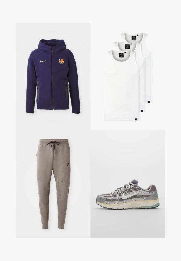 Lila hoodie gjord av fleece-material med full dragkedja, sidofickor och en logotyp av FC Barcelona på bröstet. Justerbar huva.; Tre vita ribbade linnen i bomull. Har rund halsringning och små svarta etiketter vid fållen. Finns i flera storlekar.; Grå Nike sweatpants med dragsko i midjan, avsmalnande ben, sidofickor och tydlig sömdekoration. Mjuk, strukturerad tyg.; Grå atletiska sko med en överdel av mesh och mocka, vita accenter, en vadderad sula och en unik design med reflekterande element.