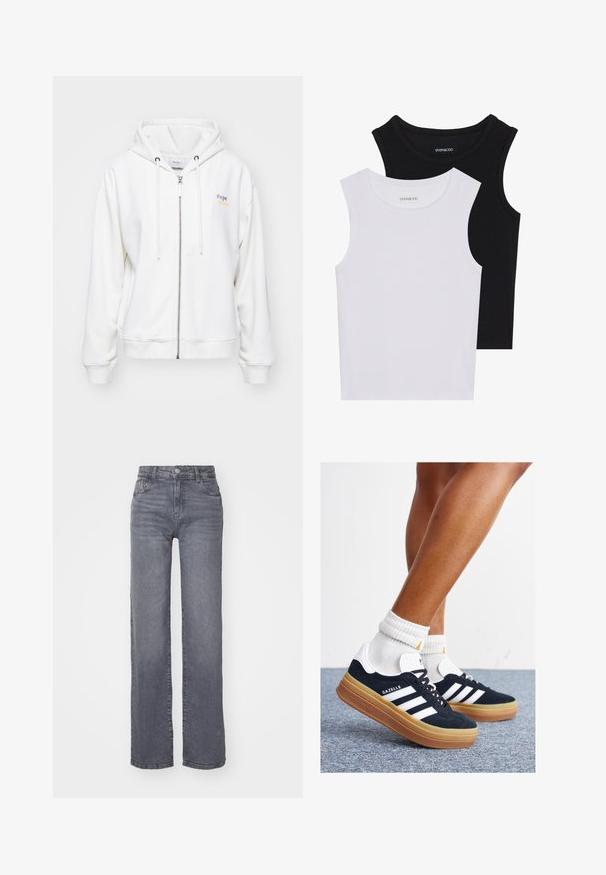 Bílá zipová mikina vyrobená z měkkého materiálu, s kapucí na šňůrku a logem v pastelových barvách na levé straně. Žebrované manžety a lem.; Dvě bezramínková trička v černé a bílé barvě, vyrobená z žebrované bavlny, s kulatými výstřihy a přiléhavým střihem. Obojí má viditelné štítky.; Šedé široké džíny vyrobené z džínoviny s hladkou texturou, s knoflíkovým a zipovým zapínáním a pěti kapsami.; Černé semišové tenisky s bílými pruhy a detaily, zaoblenou špičkou, podrážkou z gumy barvy žvýkačky, doplněné bílými žebrovanými ponožkami ke kotníkům.