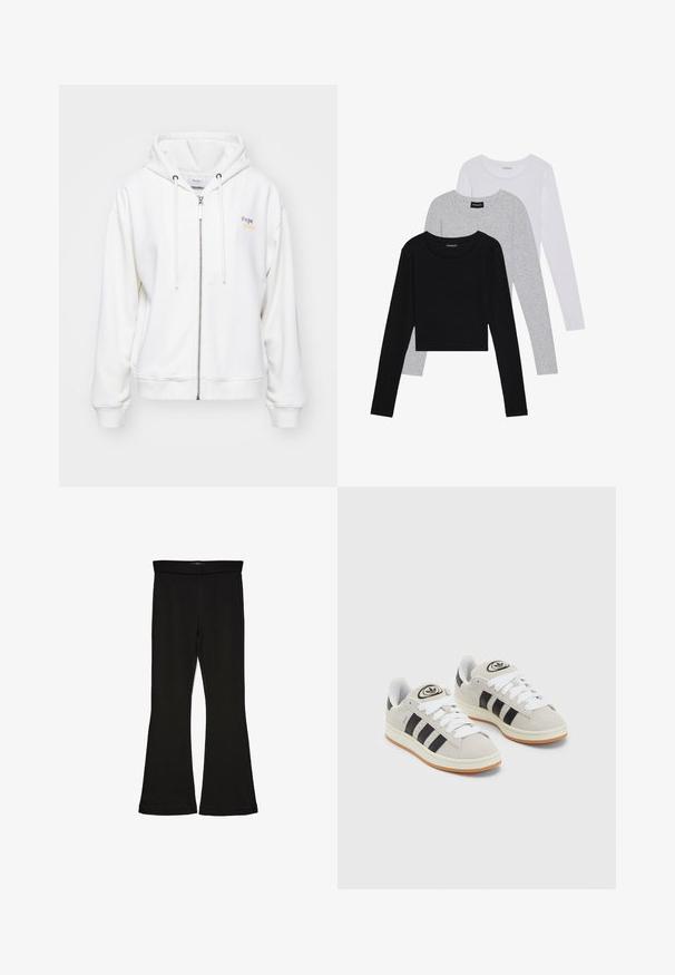Sudadera con cremallera blanca hecha de material suave, con capucha ajustable y logo en colores pastel en el lado izquierdo. Puños y dobladillo de canalé.; Tres camisetas de manga larga apiladas: negra, gris y blanca. Cada una tiene un escote redondo y un diseño recortado con una tela suave y ligera.; Leggings negros de campana hechos de una tela elástica. Con una cinturilla ancha y una textura suave, presentan una silueta ajustada que se ensancha en el dobladillo.; Zapatillas de ante gris con cordones blancos, rayas negras y suela de goma blanca. Presentan un logo circular en la lengüeta y una suela de goma.