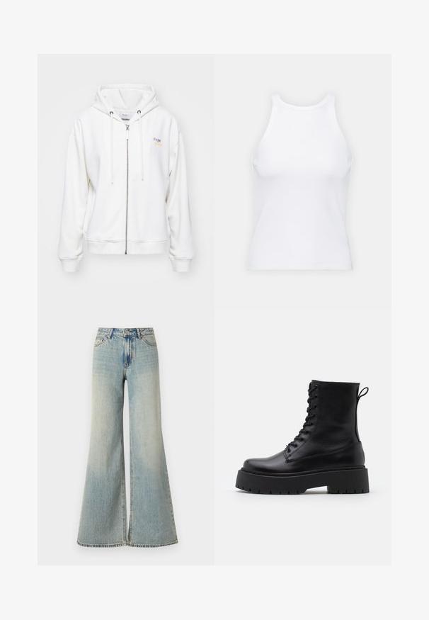 Vit zip-up hoodie i mjukt material, med snörning i huvan och en logotyp i pastellfärger på vänster sida. Ribbad mudd och fåll.; Vit ärmlös linne av ribbat tyg, med rundad halsringning och smal silhuett, med minimala sömmar och utan dekorationer.; Ljusblå vida jeans med hög midja, som har en urtvättad finish, framfickor och en subtil klyvning längst ner på benen.; Svarta läderankelboots med rund tå, snörning framtill och en tjock gummisula med strukturerat mönster. Dragflik bak.