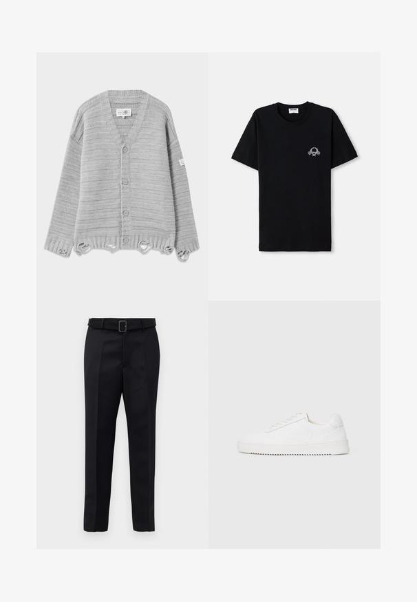 Šedý pletený cardigan s V-výstřihem, pěti knoflíky, ribbovanou texturou a detaily s roztrhaným lemem. V celém kousku jsou vodorovné pruhy.; Černé bavlněné tričko s kulatým výstřihem. Na hrudi se nachází malý bílý grafický design. Krátké rukávy a rovný lem.; Černé oblekové kalhoty mají hladkou tkaninu, rovný střih a pas s opaskem a obdélníkovou sponou. Výrazné přední záhyby zvýrazňují design.; Bílé tenisky s hladkým koženým svrškem, zaoblenou špičkou, šněrováním, texturovanými bočními akcenty a silnou gumovou podrážkou. Minimalistický design.