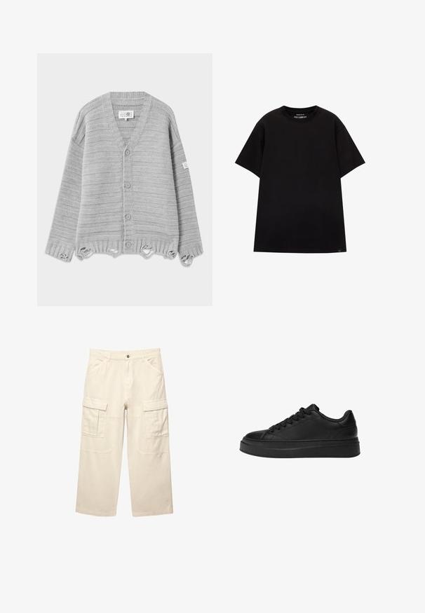 Šedý pletený cardigan s V-výstřihem, pěti knoflíky, ribbovanou texturou a detaily s roztrhaným lemem. V celém kousku jsou vodorovné pruhy.; PULL&BEAR JOIN LIFE - Jednoduché tričko - black; Beige cargo kalhoty vyrobené z bavlny, s dvěma bočními kapsami, rovnými nohavicemi a prošívanými detaily. Vypadají lehce a odolně.; Černé tenisky vyrobené z hladké kůže, s kulatou špičkou, silnou platformou a tradičním šněrováním se šesti oky.