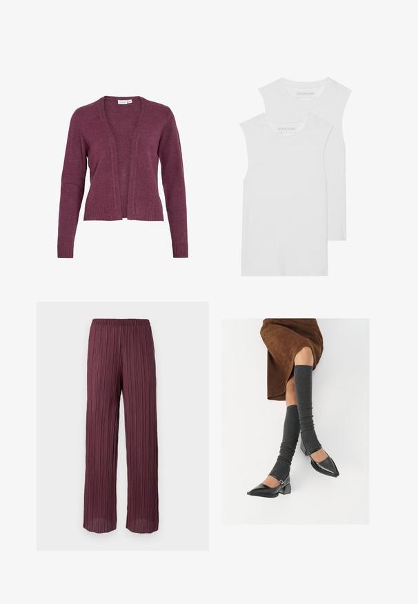 Cardigan bordeaux con apertura frontale, maniche lunghe, polsini e orlo a costine. Realizzato in morbido tessuto a maglia con una texture leggera.; Due magliette bianche senza maniche in morbido cotone, con scollatura tonda e senza motivi o dettagli visibili.; Pantaloni plissettati di un profondo bordeaux con vita elasticizzata, caratterizzati da un design fluido e a gamba larga, con pieghe verticali su tutta la superficie.; Scarpe nere in pelle verniciata con punta affilata, tacco a blocco e cinturino alla caviglia, abbinate a scaldamuscoli grigi a coste e una gonna in suede marrone.