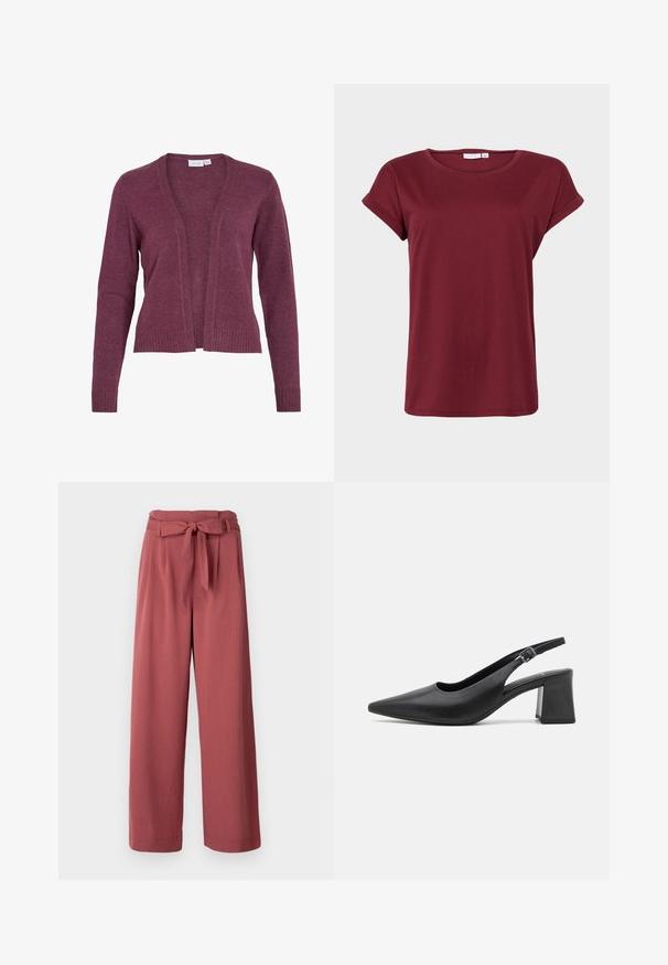 Cardigan bordeaux con apertura frontale, maniche lunghe, polsini e orlo a costine. Realizzato in morbido tessuto a maglia con una texture leggera.; T-shirt bordeaux a maniche corte con scollo rotondo, orli arrotolati e una consistenza morbida. Design semplice, senza motivi o dettagli.; Pantaloni a gamba larga in color rosa polveroso, realizzati in un tessuto morbido, con una cintura annodata in vita e tasche laterali.; Scarpa con tacco slingback in pelle nera, con punta appuntita e tacco a blocco chunky. Presenta una tracolla regolabile con fibbia in metallo.